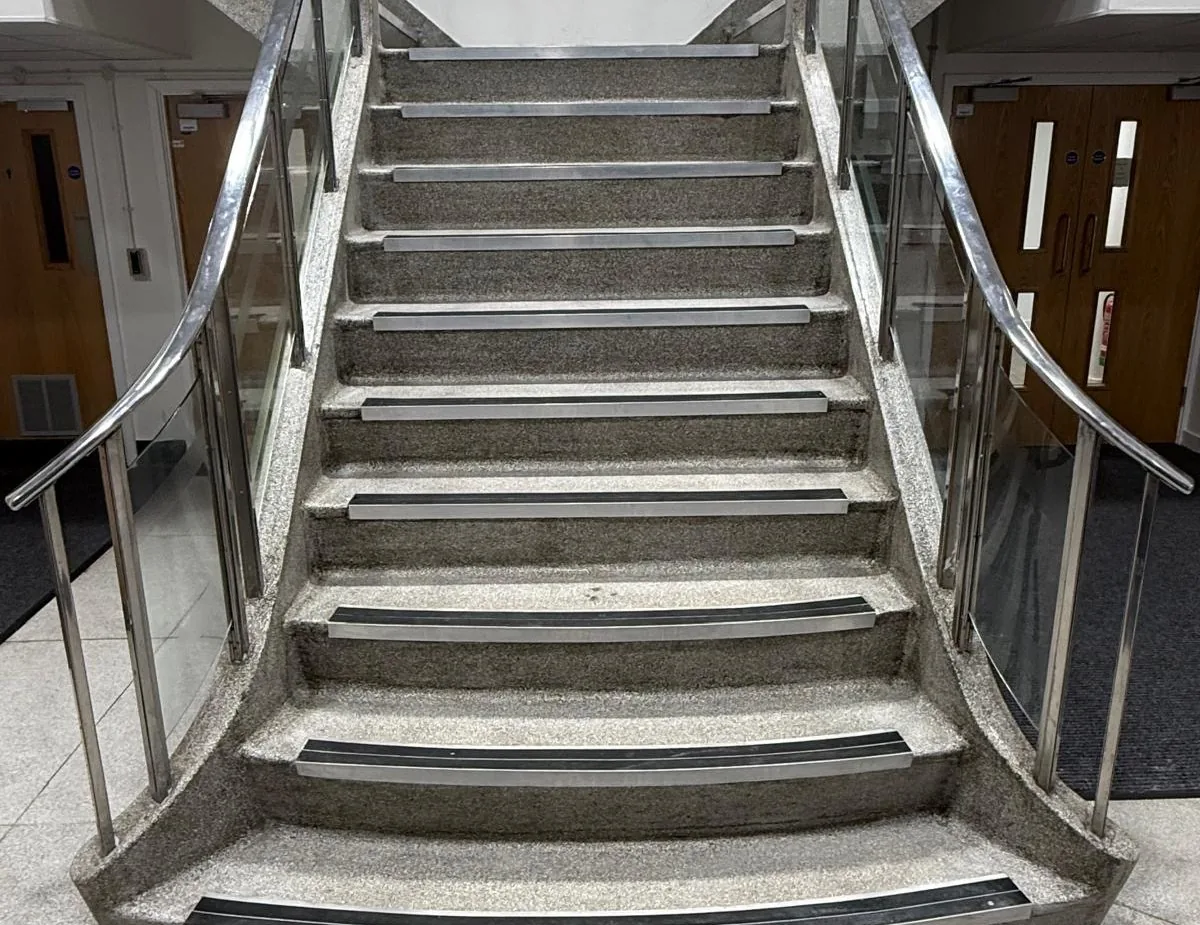 Completed terrazzo staircase following polishing at St Mary’s Hospital