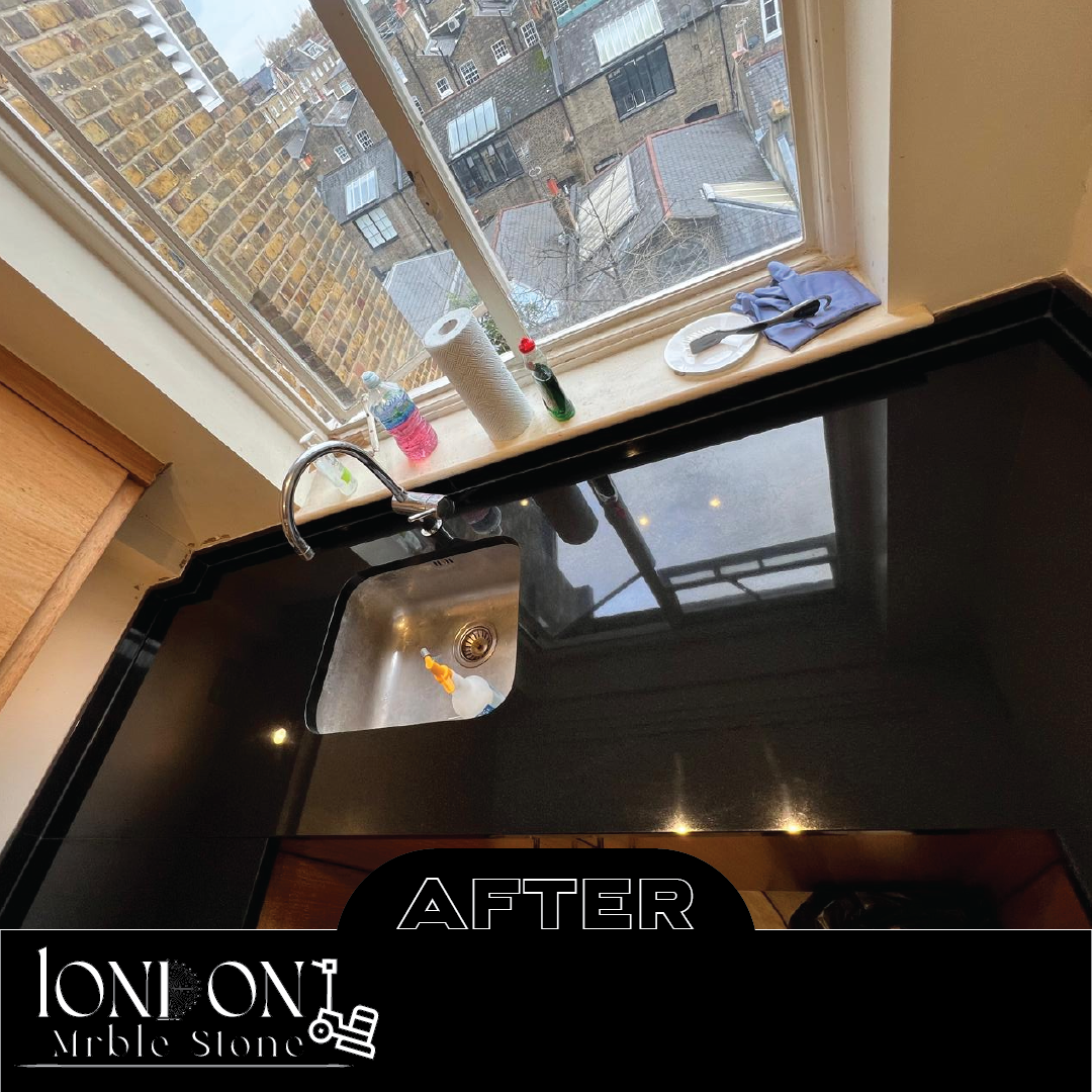 Black granite kitchen worktop after polishing with glossy, smooth finish