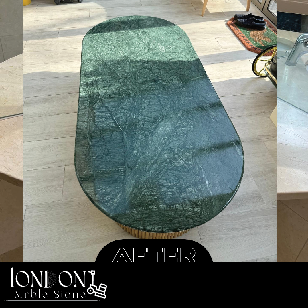 Green marble coffee table after restoration with polished, vibrant finish