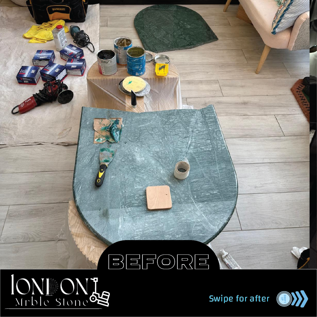 Green marble coffee table before restoration with scratches and faded surface