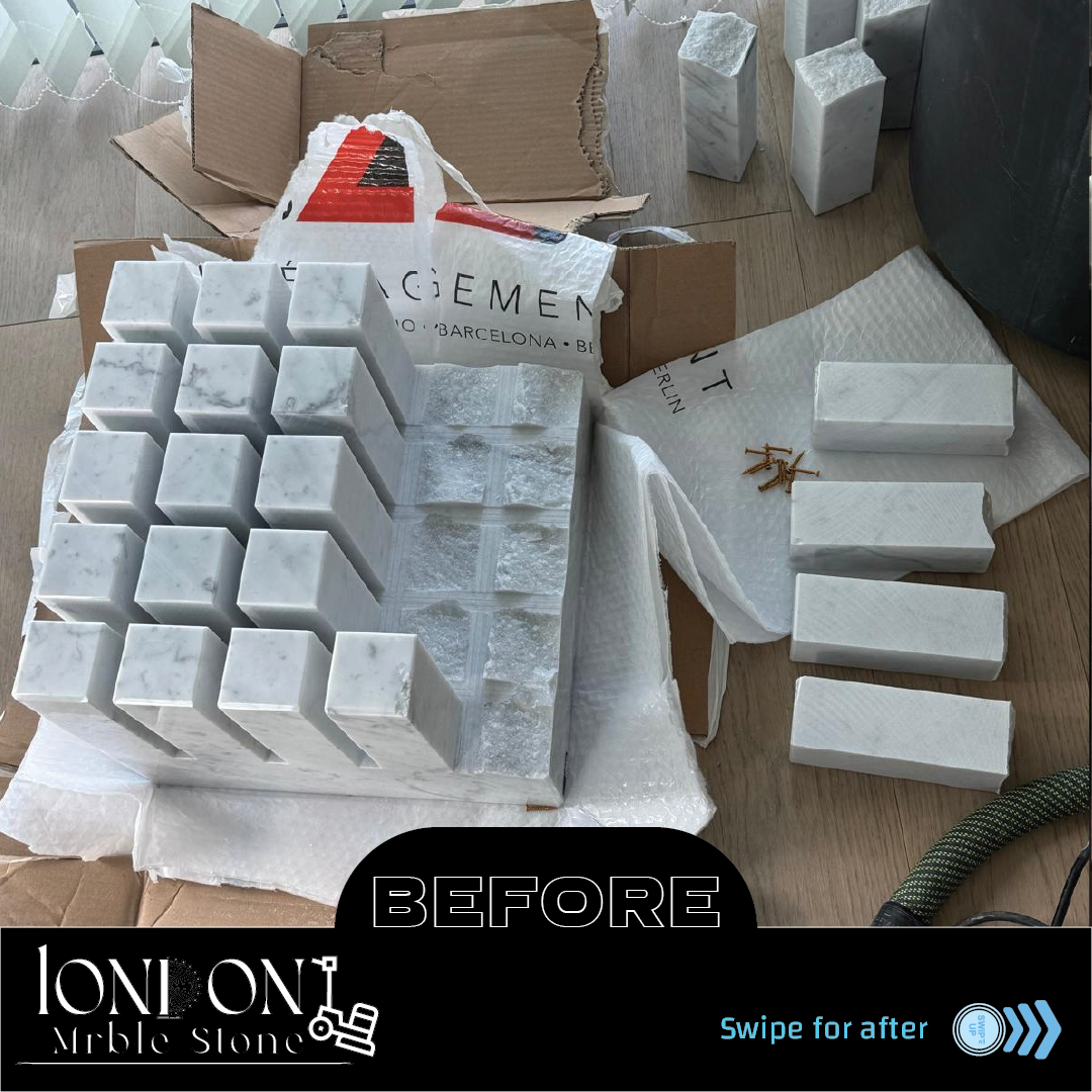 Marble decorative piece before finishing with rough, uneven surface