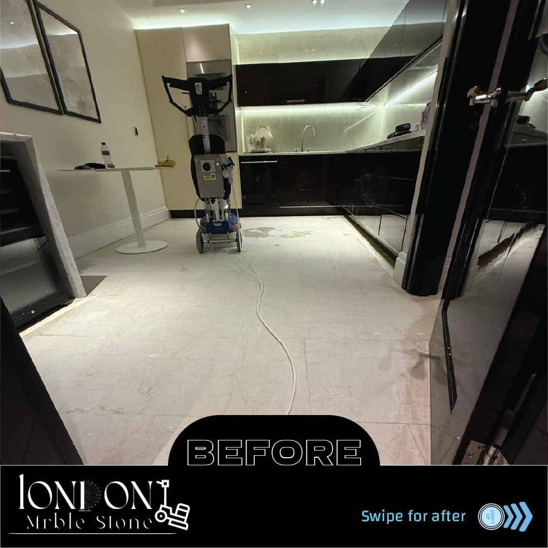Marble floor before polishing with scratches and dull appearance