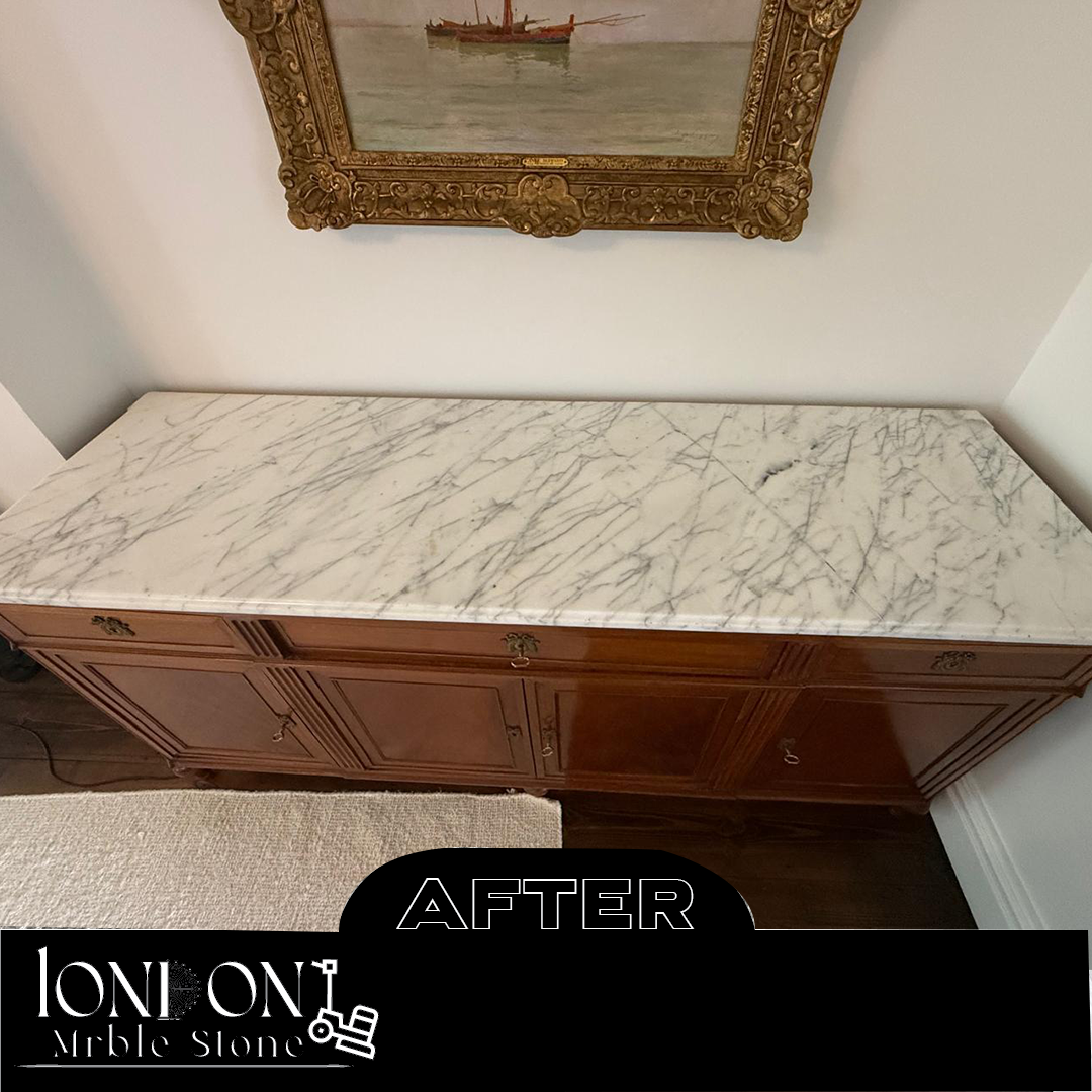 Marble cabinet top after professional polishing, shiny and smooth finish in London home
