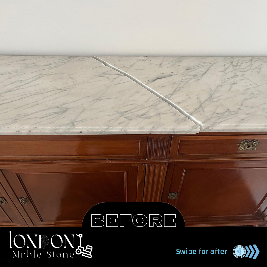 Marble cabinet top before polishing, dull and scratched surface in London home