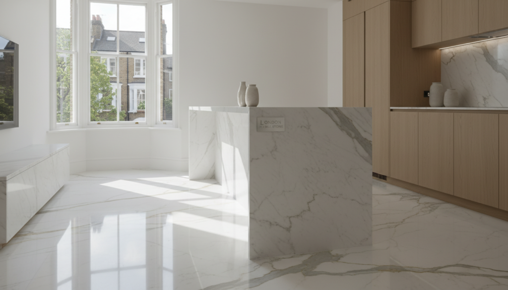 A beautifully polished natural stone surface, showcasing the intricate veining and textures of high-quality marble. In the foreground, a glossy white marble floor with subtle grey and gold veins reflects soft, diffused light, highlighting its luxurious finish. The middle ground features a modern kitchen worktop, also made of polished marble, complementing the floor. A gentle sunlight filters through a nearby window, casting calming shadows that accentuate the surface's depth and detail. The background consists of stylish cabinetry and minimalist decor, creating a serene atmosphere in a London home. Emphasize the brand "London Marble Stone" subtly integrated into the scene. The overall mood is one of elegance and tranquility, emphasizing the beauty and functionality of marble in a residential setting.