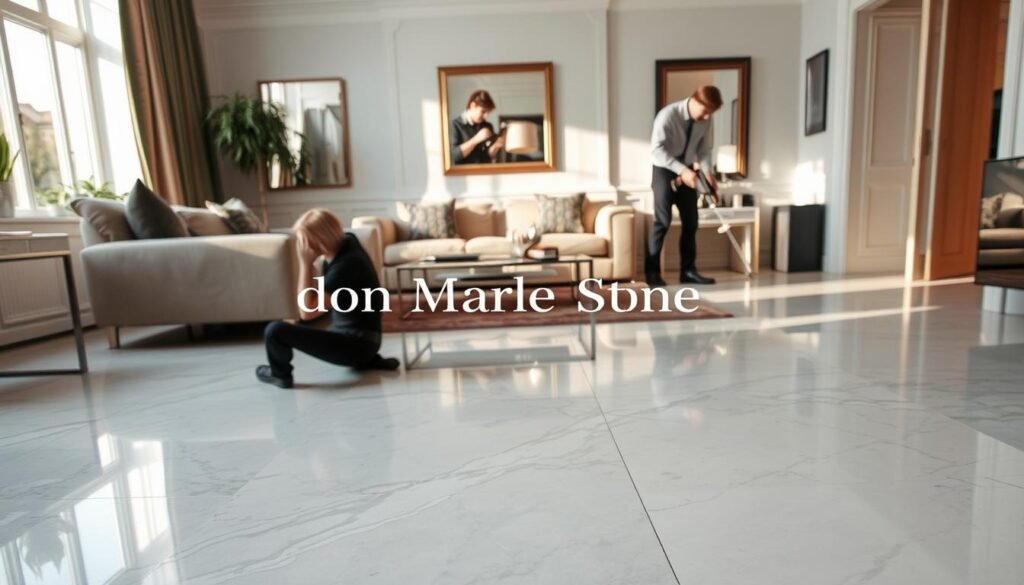 A beautifully restored marble floor showcasing various degrees of damage and repair results in a stylish London home. In the foreground, display a polished section of gleaming white marble with subtle veining, reflecting soft natural light. The middle ground features areas of varying scratches and dullness, illustrating before-and-after comparisons. In the background, a professional technician in smart casual attire is focused on using advanced tools to restore another section of the marble, showcasing skill and expertise. The setting is a modern living room with elegant furnishings, enhancing the atmosphere of sophistication and care. The scene is well-lit, with warm daylight streaming through a large window, creating a welcoming and professional mood. Include the brand name "London Marble Stone" subtly visible in the scene.