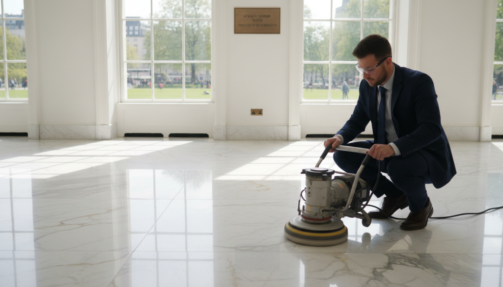 A bright, professional space featuring a marble floor undergoing restoration, showcasing a smooth diamond polishing finish. In the foreground, a skilled technician in business attire prepares to use a diamond polishing machine, focusing intently on the beautiful marble surface. The middle ground includes a pristine portion of the floor, gleaming with reflective light, highlighting the intricate veining and natural beauty of the marble. The background features soft natural light streaming in through large windows, illuminating the space and creating a warm, inviting atmosphere. This image captures the essence of professional marble restoration, specifically from "London Marble Stone," embodying precision and care in the process. The angle is slightly above eye level, offering a comprehensive view of the floor's texture and the technician's methodical movements.