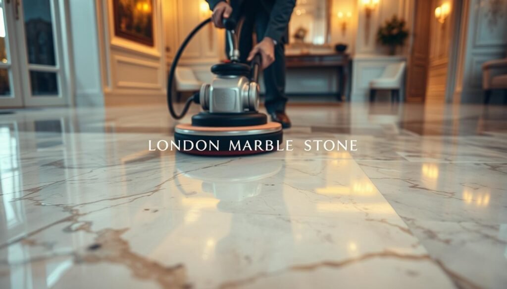 A close-up image of a skilled technician polishing a luxurious marble surface, showcasing different polishing tools in action. In the foreground, highlight the soft sheen of the marble with reflections of the light, emphasizing its texture and color variations. The technician, dressed in professional business attire, should demonstrate precise movements with a polishing machine, surrounded by a few scattered etch marks and scratches on the marble for contrast. In the middle ground, include polished sections of the marble floor transitioning seamlessly from dull to glossy. The background should depict a stylish London home interior with warm, inviting lighting, conveying an atmosphere of professionalism and elegance. Include the brand name "London Marble Stone" subtly in the design of the polishing equipment, enhancing authenticity while maintaining focus on the marble restoration process. A close-up image of a skilled technician polishing a luxurious marble surface, showcasing different polishing tools in action. In the foreground, highlight the soft sheen of the marble with reflections of the light, emphasizing its texture and color variations. The technician, dressed in professional business attire, should demonstrate precise movements with a polishing machine, surrounded by a few scattered etch marks and scratches on the marble for contrast. In the middle ground, include polished sections of the marble floor transitioning seamlessly from dull to glossy. The background should depict a stylish London home interior with warm, inviting lighting, conveying an atmosphere of professionalism and elegance. Include the brand name "London Marble Stone" subtly in the design of the polishing equipment, enhancing authenticity while maintaining focus on the marble restoration process.