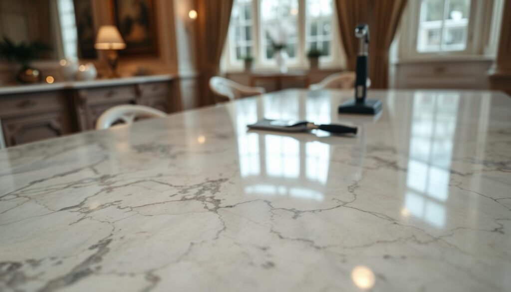 A close-up of a polished marble surface showcasing its natural shine and intricate veining, illustrating the contrast between shiny and dull areas caused by etch marks. In the foreground, emphasize the smooth texture of the marble, capturing the way light reflects off its surface, highlighting glossy spots and muted patches. The middle ground features cleaning tools subtly placed, signifying professional marble care. In the background, soft, warm lighting from an elegant London home setting enhances the atmosphere, creating an inviting, refined space. The image embodies a sophisticated, polished feel, representing high-quality marble restoration and the services of "London Marble Stone." Capture the essence of marble etching and restoration without any text or distractions. A close-up of a polished marble surface showcasing its natural shine and intricate veining, illustrating the contrast between shiny and dull areas caused by etch marks. In the foreground, emphasize the smooth texture of the marble, capturing the way light reflects off its surface, highlighting glossy spots and muted patches. The middle ground features cleaning tools subtly placed, signifying professional marble care. In the background, soft, warm lighting from an elegant London home setting enhances the atmosphere, creating an inviting, refined space. The image embodies a sophisticated, polished feel, representing high-quality marble restoration and the services of "London Marble Stone." Capture the essence of marble etching and restoration without any text or distractions.