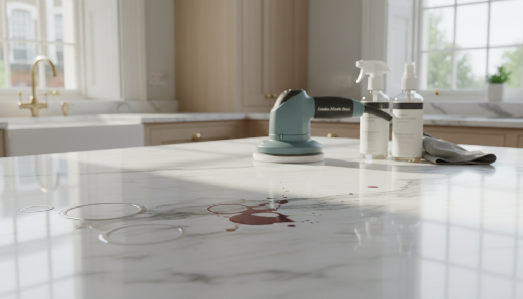A close-up view of a luxurious marble surface displaying various common stains, such as water rings, grease marks, and food spills. In the foreground, the focus is on the textured surface of the marble, showcasing the intricate veining amidst the blemishes. In the middle ground, include professional cleaning tools such as a buffer and spray bottles, indicating an active cleaning process. The background features a well-lit, elegant London home interior, with soft natural light streaming through a window, casting gentle shadows. The scene conveys a sense of professionalism and care in marble restoration, with “London Marble Stone” subtly integrated into the scene as a branding element. The overall mood is fresh and hopeful, highlighting the effectiveness of professional marble stain removal. A close-up view of a luxurious marble surface displaying various common stains, such as water rings, grease marks, and food spills. In the foreground, the focus is on the textured surface of the marble, showcasing the intricate veining amidst the blemishes. In the middle ground, include professional cleaning tools such as a buffer and spray bottles, indicating an active cleaning process. The background features a well-lit, elegant London home interior, with soft natural light streaming through a window, casting gentle shadows. The scene conveys a sense of professionalism and care in marble restoration, with “London Marble Stone” subtly integrated into the scene as a branding element. The overall mood is fresh and hopeful, highlighting the effectiveness of professional marble stain removal.