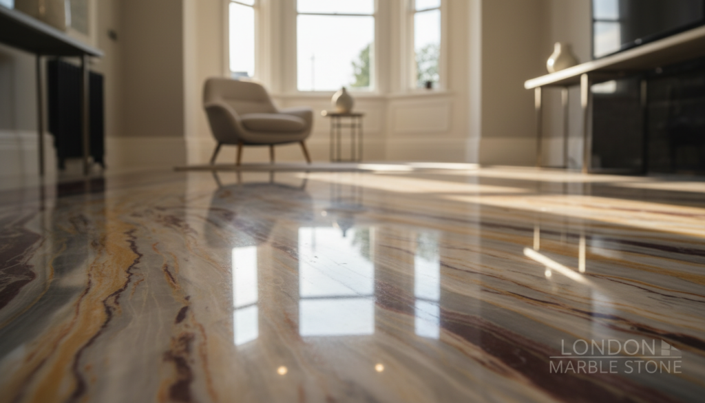 A close-up view of a polished marble floor surface, showcasing a variety of colors and textures typical to high-quality marble. In the foreground, include intricate veining patterns that highlight the beauty of the stone. The middle ground should feature a soft reflection from overhead lights, emphasizing the glossy finish. The background fades into a softly lit, elegant London home setting, hinting at luxury with minimalistic furniture. The atmosphere is serene and inviting, with natural light streaming in through a nearby window, casting gentle shadows. Ensure the image is realistic and conveys a professional marble restoration vibe. Superimpose a subtle, faded logo of "London Marble Stone" in the corner, blending harmoniously with the marble surface.