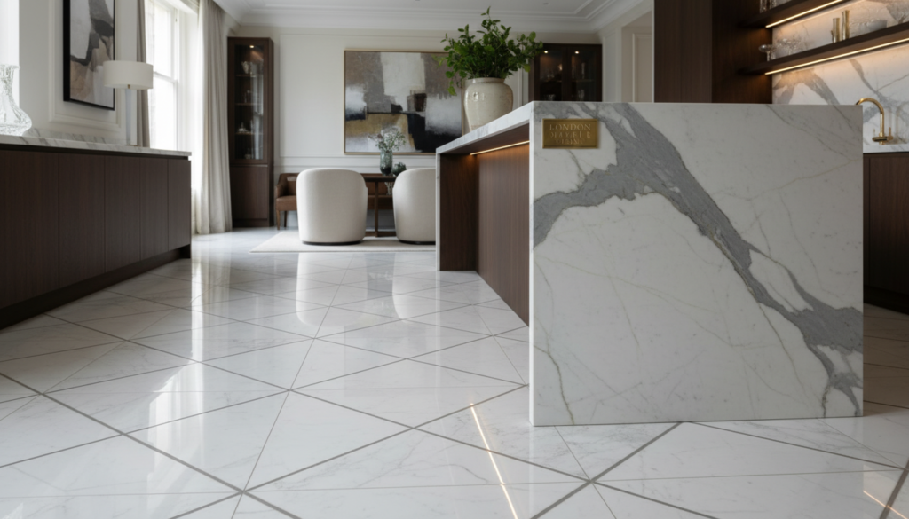 A close-up view of stunning marble surfaces in a beautifully lit London interior, showcasing the elegant veining and polish of the stone. The foreground features a pristine marble floor with intricate patterns, reflecting soft light from a nearby window. In the middle ground, a marble countertop shines under focused lighting, highlighting its smooth texture and rich colors. The background reveals a stylish kitchen or living area, tastefully decorated to complement the stone elements, creating a luxurious ambiance. The atmosphere is calm and refined, with natural light enhancing the marble's beauty. The brand "London Marble Stone" subtly incorporated into the design without disrupting the overall composition. Capture the essence of marble sealing and restoration, evoking a sense of sophistication and care for these exquisite surfaces.