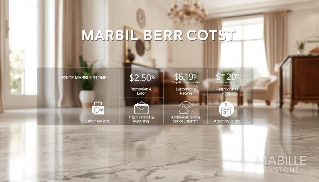 A detailed breakdown image of marble repair costs in London, showcasing various prices for services like restoration, polishing, andetching. In the foreground, display a polished marble floor with a subtle sheen, reflecting soft natural light filtering through a window. In the middle ground, include a stylish infographic detailing price elements, such as labor, materials, and additional service options, with elegant icons representing each category. The background features a well-lit, modern London home interior, with neutral tones and tasteful decor that highlight the marble. The atmosphere should convey professionalism and trust, with a calming palette. Additionally, incorporate the branding "London Marble Stone" subtly in the design without text overlays. Aim for clarity and visual appeal to educate viewers effectively.