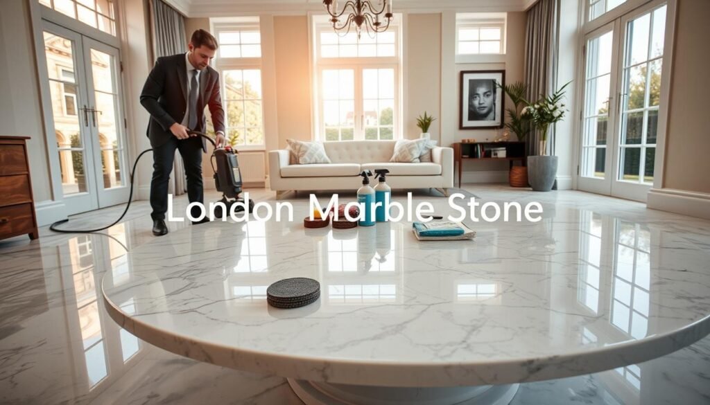 A detailed scene illustrating the process of marble polishing in a modern London home, showcasing a well-lit interior with elegant marble flooring. In the foreground, a professional technician dressed in business attire carefully operates a polishing machine on a pristine marble surface, highlighting the shine and texture of the stone. The middle layer features a sleek marble coffee table with restoration tools arranged neatly around it, including pads and cleaning solutions. In the background, large windows allow natural light to flood the room, illuminating the polished marble and creating a warm, inviting atmosphere. Subtle decor elements like potted plants and framed artwork add a touch of sophistication. Include the brand name "London Marble Stone" discreetly integrated into the scene, representing a trusted service in marble restoration. The overall mood is one of professionalism and care in home improvement.