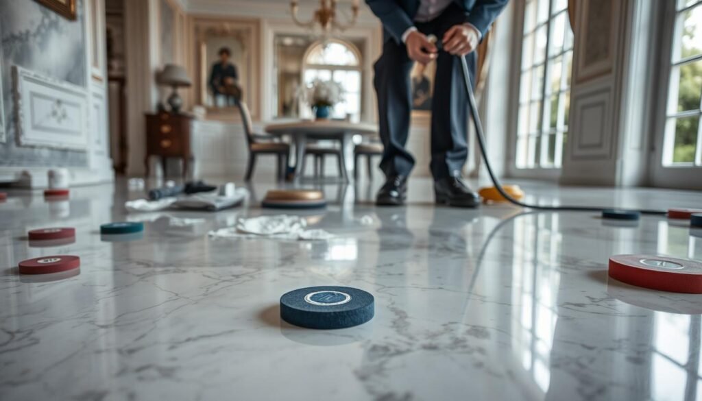 A detailed scene of a marble repair process in a London home, showcasing a skilled technician in professional attire working on a polished marble floor. In the foreground, the technician employs specialized tools for cleaning and repairing the elegant, veined marble surface, reflecting the quality associated with "London Marble Stone." The middle ground features scattered materials for repair and restoration, such as polishing pads and cleaning solutions. In the background, a well-lit, stylish London home interior with large windows allows natural light to highlight the marble's luster, enhancing the atmosphere of sophistication and care. The overall mood is professional and focused, emphasizing the attention to detail in marble restoration.