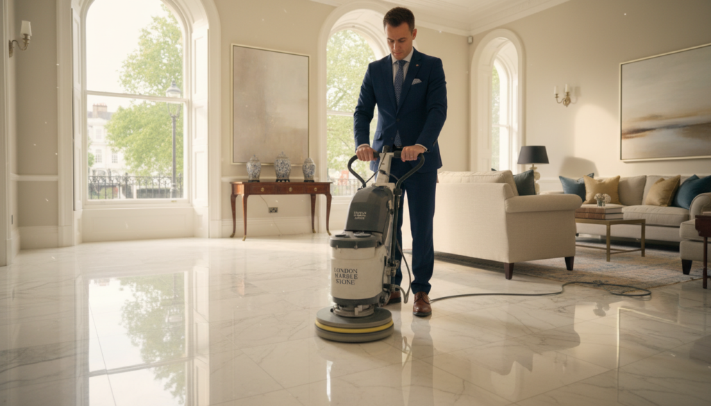 A professional marble floor restoration scene set in an elegant London home. In the foreground, a skilled technician in smart business attire is polishing a beautiful polished marble floor, showcasing its reflective surface and intricate veining. In the middle ground, large windows allow natural light to stream in, illuminating the luxurious textures and subtle color variations of the marble. In the background, tasteful furnishings complement the sophisticated atmosphere of the room, with soft, neutral tones harmonizing with the marble. The lighting is warm and inviting, creating a serene and polished ambience. The brand name "London Marble Stone" is subtly integrated into the design of the room, emphasizing the professionalism of the restoration process.