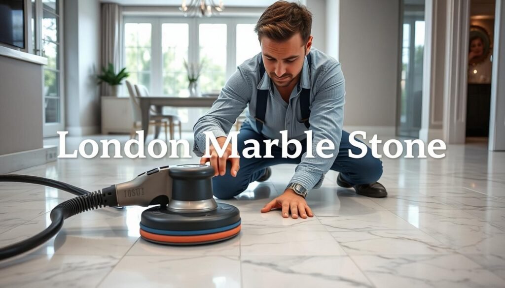 A professional marble repair technician in a smart, casual outfit is carefully demonstrating the scratch removal process on a damaged marble floor in a London residential setting. The foreground shows the technician using specialized tools, such as a polishing machine and fine-grit pads, with a focused expression. In the middle ground, several marble tiles reveal varying degrees of scratches, emphasizing the restoration work in progress. The background features a modern London home environment, with natural light streaming through large windows, highlighting the marble's reflective surface. The overall atmosphere conveys a sense of expertise, cleanliness, and precision. Include the brand name "London Marble Stone" subtly in the scene, ensuring a polished, professional look.