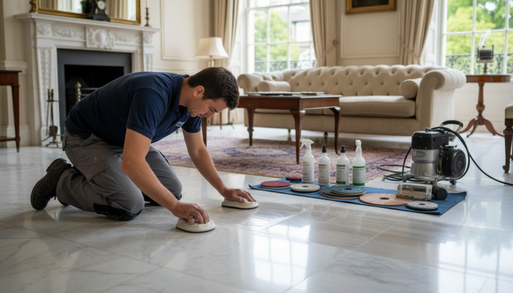 A professional marble restoration scene in a luxurious London home, focusing on the intricate process of damage repair on a polished marble floor. In the foreground, a skilled technician in professional attire carefully applies a polishing compound to a section of the floor, revealing a stunning glossy finish. The middle ground displays various restoration tools—diamond pads, cleaning solution bottles, and protective gear—highlighting the attention to detail in the work. The background reveals elegant furnishings, soft natural light streaming through large windows, creating a warm and inviting atmosphere. The marble shows visible signs of wear, with scratches and dull spots being addressed. The brand name "London Marble Stone" subtly integrated into the scene, portraying expertise and quality in marble care.