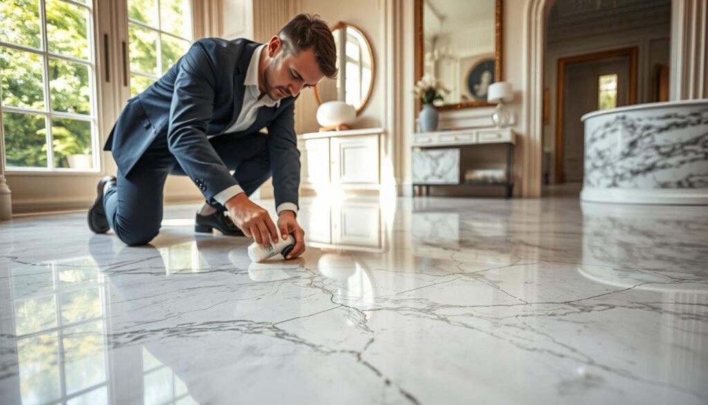 A skilled marble chip repair specialist from "London Marble Stone" diligently works on a damaged marble surface in a stylish London home. The professional, dressed in smart casual attire, carefully applies a repair product to a cracked section of the polished floor, which glistens under soft, natural light streaming in through a large window. In the foreground, a portion of the beautifully veined marble surface with visible chips is highlighted. In the middle ground, the repair specialist is focused on their task, showcasing precision and expertise. The background features elegant home décor elements and additional marble work, creating an inviting atmosphere. The overall scene conveys professionalism and craftsmanship in marble restoration, ideal for illustrating the quality of repair services available.