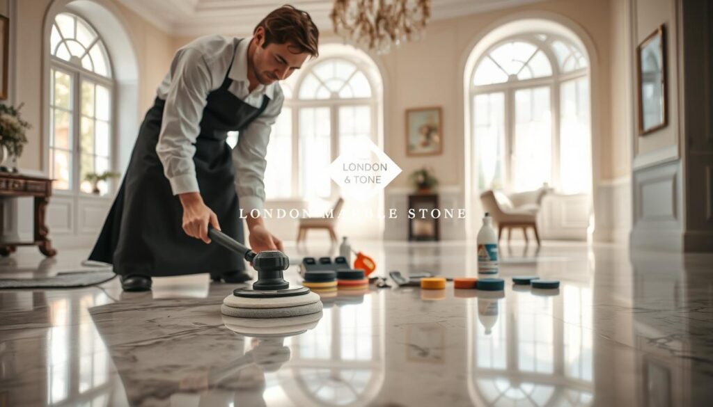 A skilled professional in a crisp white shirt and black apron gently polishing a beautiful marble floor, showcasing the restoration process in a bright London home. The foreground features a well-lit section of the floor with a before-and-after contrast, highlighting the transformation from dull and etched surfaces to a pristine shine. In the middle, a variety of tools and materials for marble restoration are neatly arranged, including polishing pads and cleaning solutions. The background shows soft, natural light filtering through large windows, illuminating the elegant decor of the room with subtle colors, exuding a welcoming and sophisticated atmosphere. The brand name "London Marble Stone" is visually integrated into the scene, emphasizing their expertise in marble etching repair services. A skilled professional in a crisp white shirt and black apron gently polishing a beautiful marble floor, showcasing the restoration process in a bright London home. The foreground features a well-lit section of the floor with a before-and-after contrast, highlighting the transformation from dull and etched surfaces to a pristine shine. In the middle, a variety of tools and materials for marble restoration are neatly arranged, including polishing pads and cleaning solutions. The background shows soft, natural light filtering through large windows, illuminating the elegant decor of the room with subtle colors, exuding a welcoming and sophisticated atmosphere. The brand name "London Marble Stone" is visually integrated into the scene, emphasizing their expertise in marble etching repair services.