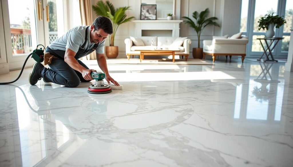 A skilled technician from London Marble Stone carefully performs marble restoration services on a stunning marble floor in a bright, stylish London home. In the foreground, the technician is positioned on one knee, wearing professional attire, using specialized tools and polishing equipment to restore the marble's luster. The middle ground showcases the glossy surface of the marble floor, reflecting soft natural light streaming in through large windows, enhancing the beauty of the intricate patterns. In the background, stylish decor elements like potted plants and elegant furniture create a warm, inviting atmosphere. The image should convey a sense of professionalism and craftsmanship, emphasizing the meticulous process of marble restoration in a vibrant, well-lit setting.