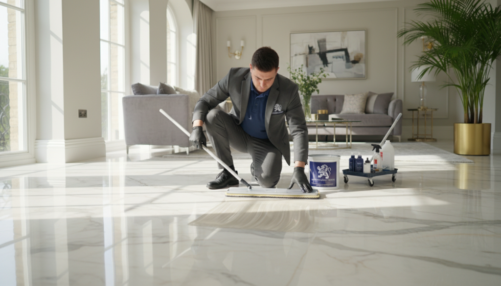 A skilled technician in professional business attire is meticulously applying a marble sealing product on a gleaming marble floor in an elegant London home. The foreground features the technician using specialized tools, demonstrating attention to detail and care. In the middle ground, the pristine polished marble surfaces reflect soft, natural sunlight streaming in through large windows, showcasing the beautiful patterns and textures of the stone. The background captures a tastefully decorated living space with modern furnishings, enhancing the ambiance of luxury. The atmosphere is clean and inviting, emphasizing professionalism and care in marble maintenance. The brand name "London Marble Stone" is subtly integrated into the scene, reinforcing the service's identity. The lighting is bright yet soft, highlighting the marble's shine and the technician's focused expression, all shot from a slightly elevated angle to encompass the elegance of the space.