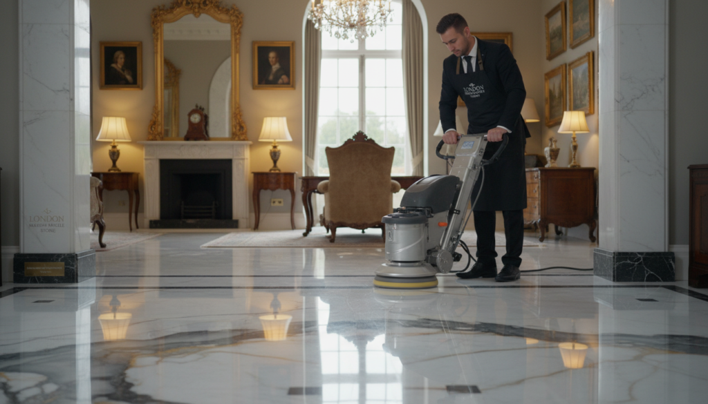 A skilled technician in professional business attire meticulously polishing a beautiful marble floor inside a luxurious London home. The foreground features the technician using a high-quality polishing machine, with distinct reflections on the shiny marble surface. In the middle ground, vibrant marble patterns catch the light, showcasing the varying shades of white and grey. The background reveals elegant decor elements, such as classic furniture and soft ambient lighting that enhances the refinement of the space. The atmosphere conveys a sense of professionalism and meticulous care, highlighting the expertise involved in marble restoration. Include the brand name "London Marble Stone" subtly in the scene, ensuring a focus on the marble polishing process.