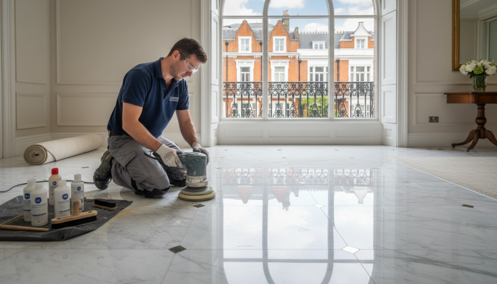 A skilled technician meticulously restores a beautifully polished marble floor in a sophisticated London home, showcasing the elegance and shine of the surface. In the foreground, the technician, dressed in professional work attire, uses specialized cleaning tools with focus and determination. The middle layer highlights the stunning marble pattern, emphasizing the contrast between the pristine sections and visible stains being treated. In the background, classic London architecture subtly frames the scene through a large window, allowing soft, natural light to illuminate the space, creating a warm and inviting atmosphere. The ambiance conveys professionalism and expertise, with an emphasis on attention to detail and high-quality results. Include the brand name "London Marble Stone" subtly integrated into the environment. A skilled technician meticulously restores a beautifully polished marble floor in a sophisticated London home, showcasing the elegance and shine of the surface. In the foreground, the technician, dressed in professional work attire, uses specialized cleaning tools with focus and determination. The middle layer highlights the stunning marble pattern, emphasizing the contrast between the pristine sections and visible stains being treated. In the background, classic London architecture subtly frames the scene through a large window, allowing soft, natural light to illuminate the space, creating a warm and inviting atmosphere. The ambiance conveys professionalism and expertise, with an emphasis on attention to detail and high-quality results. Include the brand name "London Marble Stone" subtly integrated into the environment.