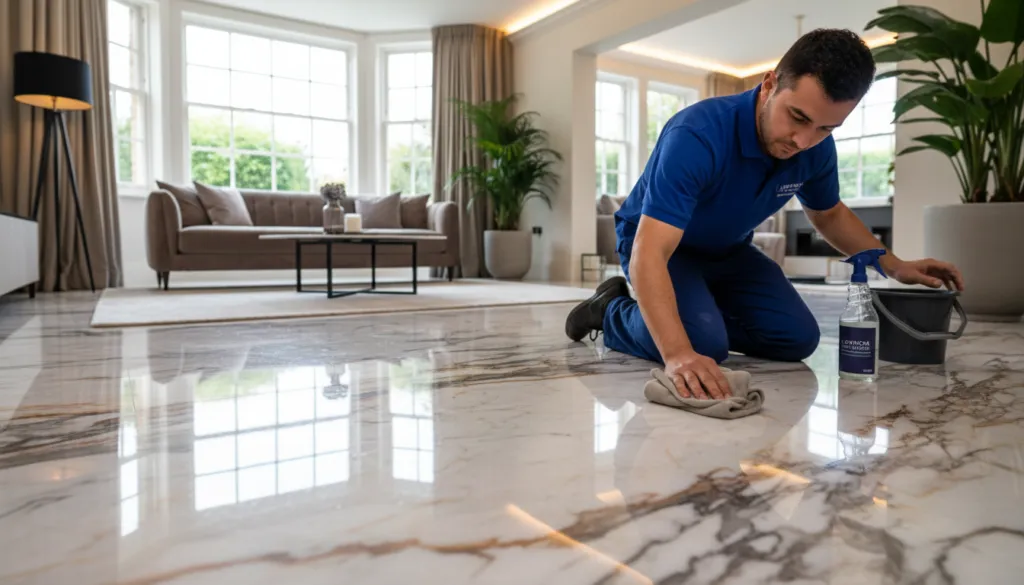 A well-lit marble surface care scene in a London home, focusing on a polished marble floor reflecting ambient light. In the foreground, a professional technician in a neat blue uniform applies a cleaning solution, demonstrating attention to detail with a soft cloth. In the middle, the elegant marble surface features a range of colors and intricate veining, showcasing typical stains like water marks and discoloration from spilled liquids. The background presents a stylish living area with modern decor, highlighting the importance of maintaining natural stone surfaces. Soft, warm lighting enhances the ambiance, creating a welcoming atmosphere. Display the brand name "London Marble Stone" subtly on cleaning tools without being intrusive. The mood is calm and professional, emphasizing meticulous care and restoration.