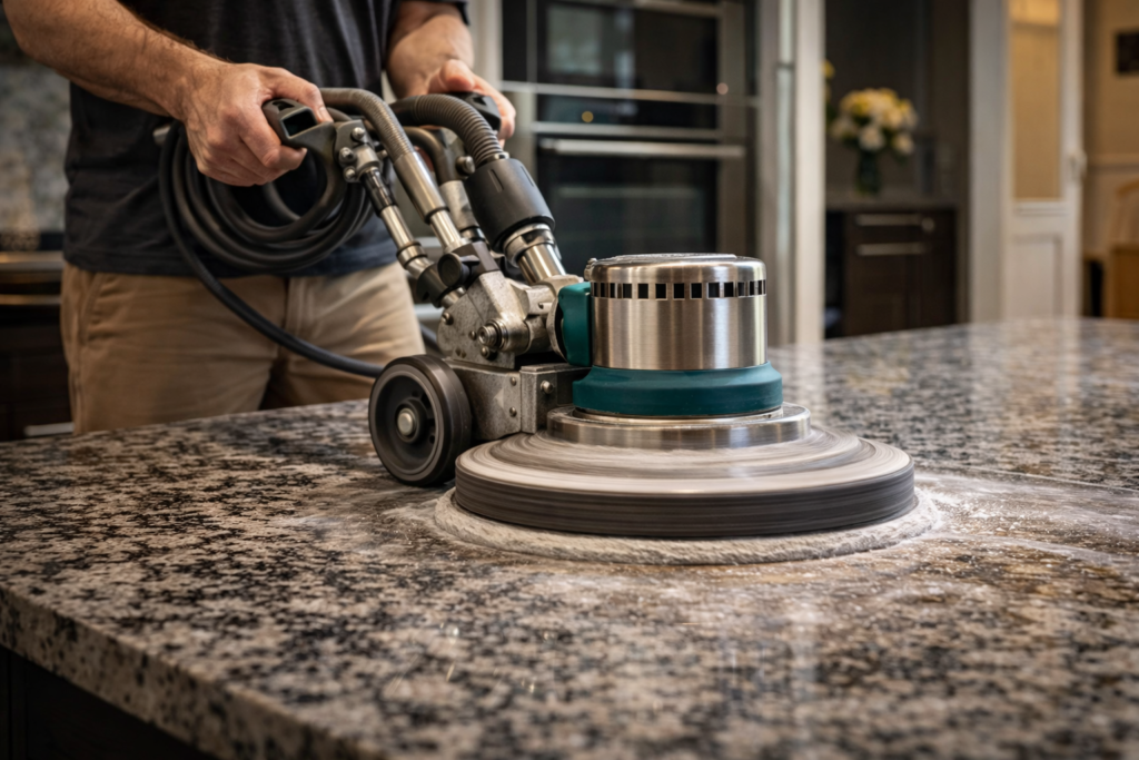 Granite restoration London specialist polishing granite surface with professional machine