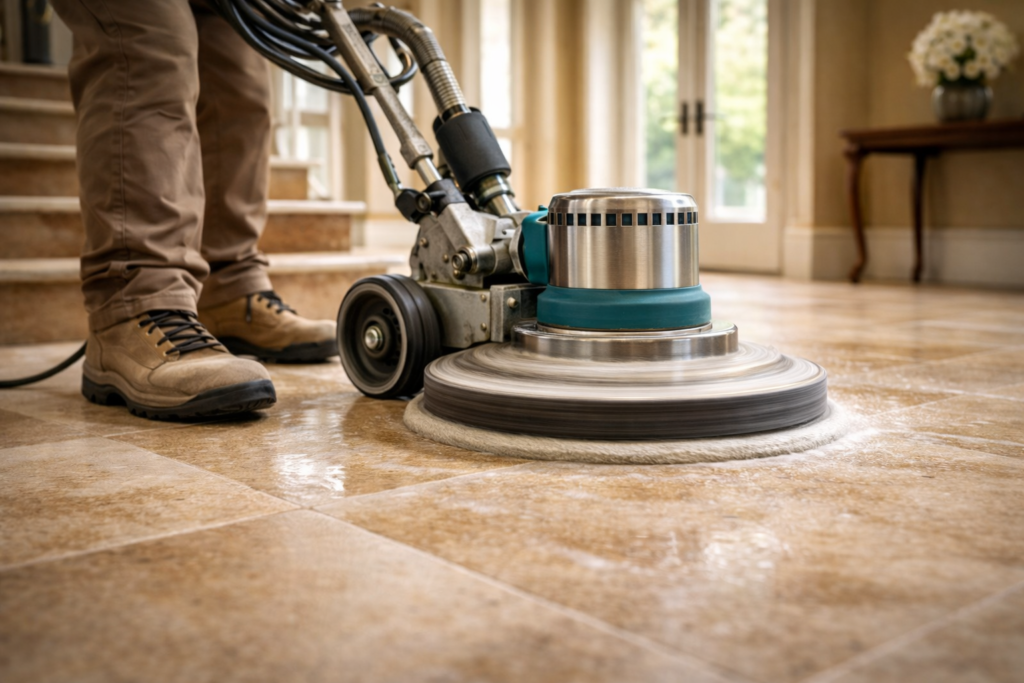 Limestone restoration London specialist polishing limestone floor with professional machine