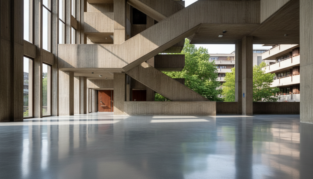 polished concrete Barbican installation complementing brutalist architecture