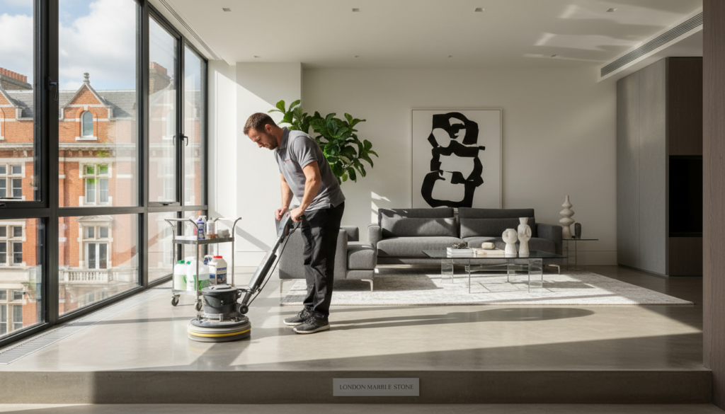 polished concrete floor maintenance in modern Islington interior