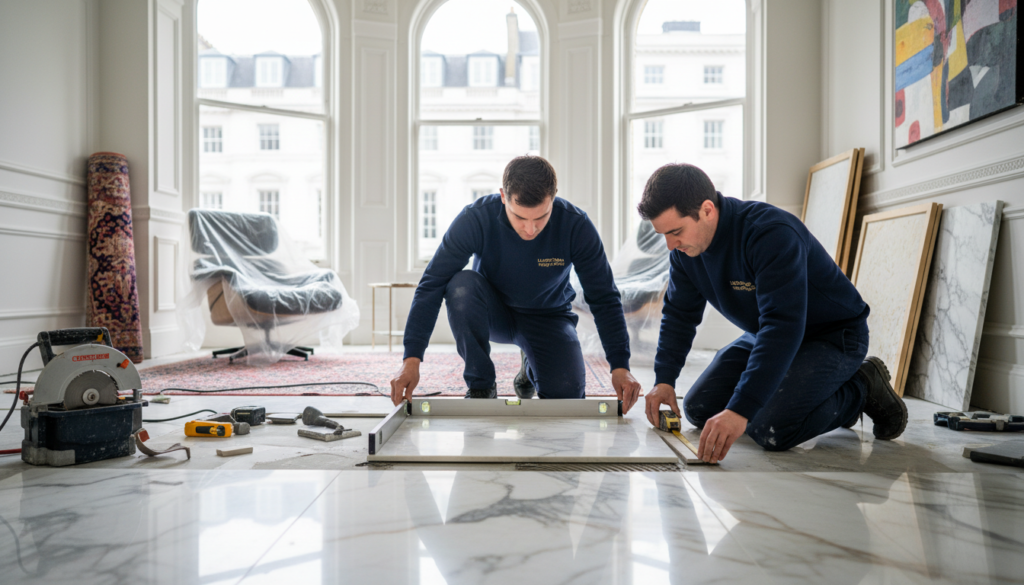 professional marble installers working on luxury Knightsbridge flooring