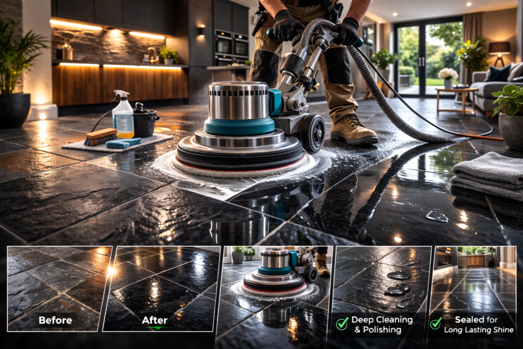 Slate restoration London specialist polishing slate floor with professional machine