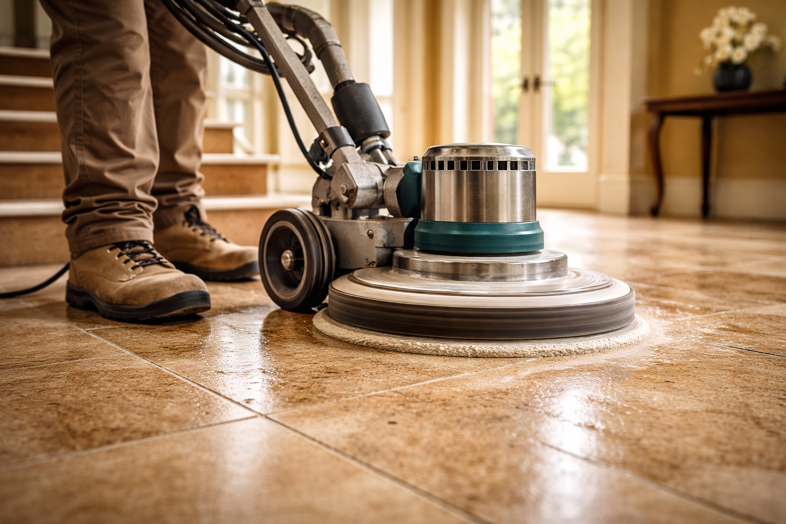 Travertine restoration London specialist polishing travertine floor with professional machine