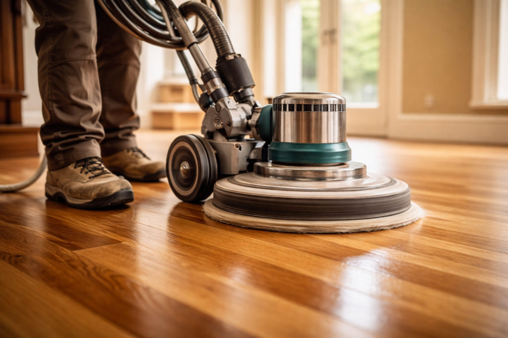 Wood restoration London specialist polishing wooden floor with professional machine