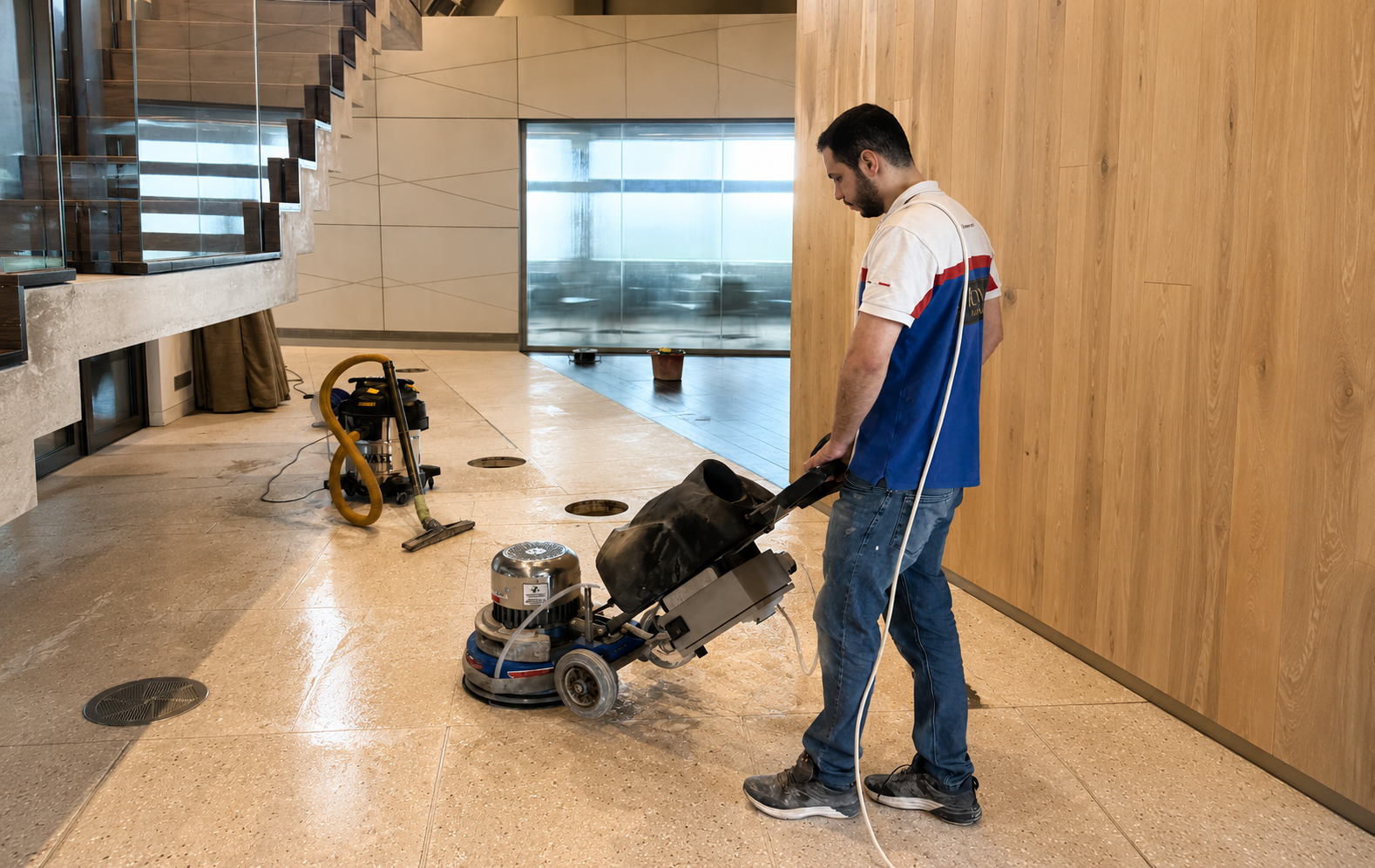 Cleaning The Polished Lobby Floor - London Marble Stone